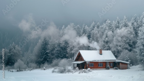 Charming and cozy house in the winter, snow-covered landscape