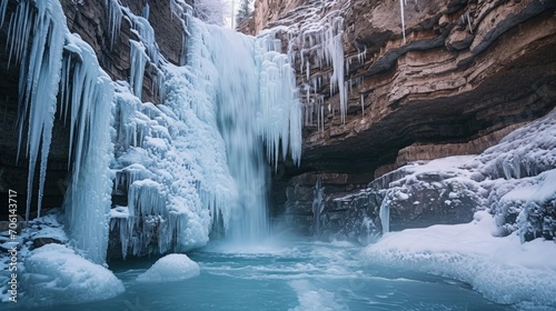 Frozen waterfall with icicles hanging from the rocks © Samed