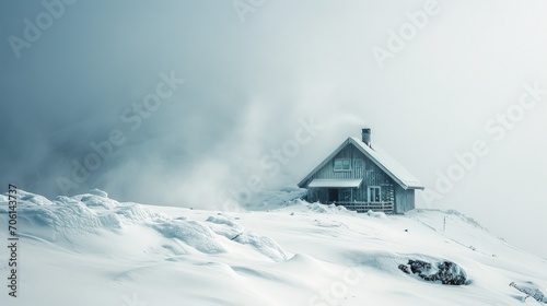 Lone cabin nestled amidst a snowy landscape