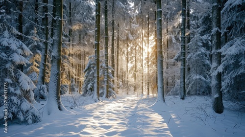 Serene beauty of winter in a snow-covered forest at sunrise © Samed