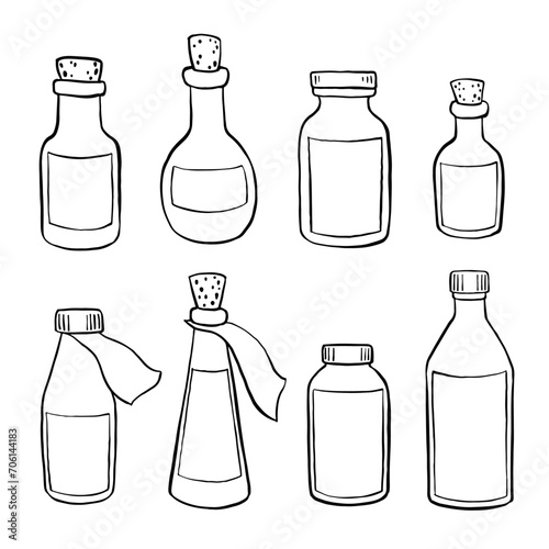 Set of hand-drawn old pharmacy bottles