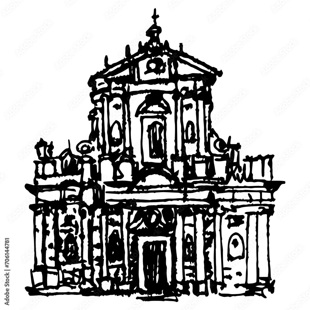 Basilica della Collegiata in Palermo, Sicily. Façade of Sicilian Baroque church in Italy. Hand drawn linear doodle rough sketch. Black and white silhouette.