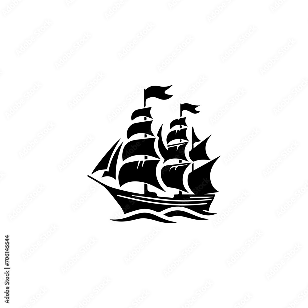 Simple Logo Sailing Ship and Sea Wave black and white Simple Logo Sailing Ship and Sea Wave black and white