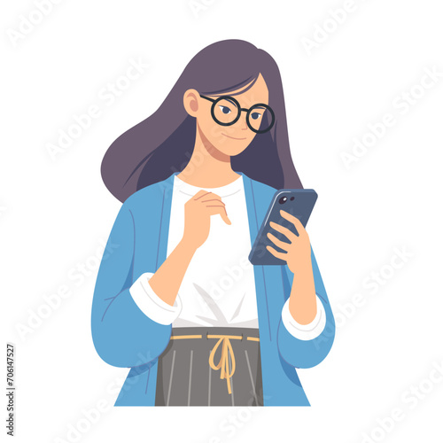 Using phone illustration. Young girl checking her smartphone