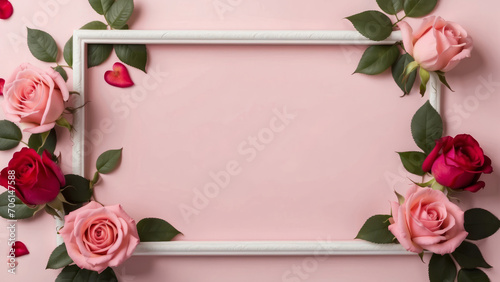Fototapeta Naklejka Na Ścianę i Meble -  simple landscape white photo frame mockup with border of red and pink roses in a pink pastel wall background