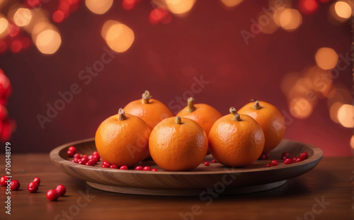 tangerines on a table, oranges chinese new year traditional fruits in a wooden plate with red and golden bokeh chinese new year ornament background