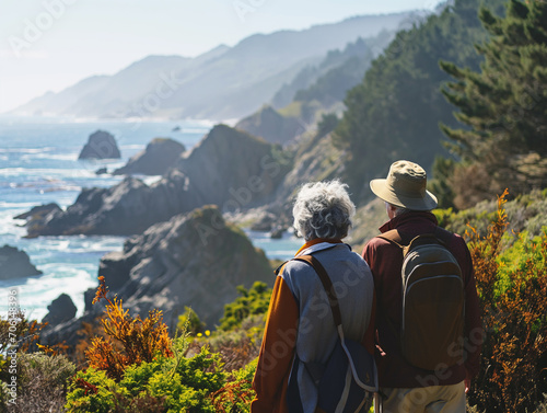 Senior couple admiring the scenic Pacific coast while hiking © tantawat