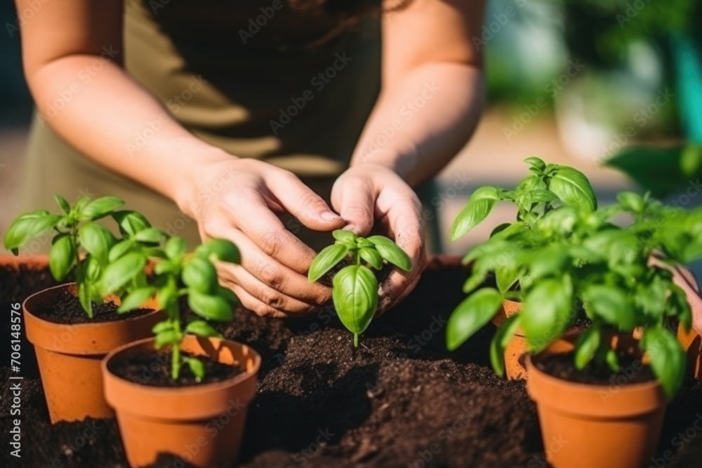 Hands nurturing young basil plants in terracotta pots with rich soil, concept of home gardening and growth. Hands nurturing young basil plants in terracotta pots with rich soil, concept of home gardening and growth.