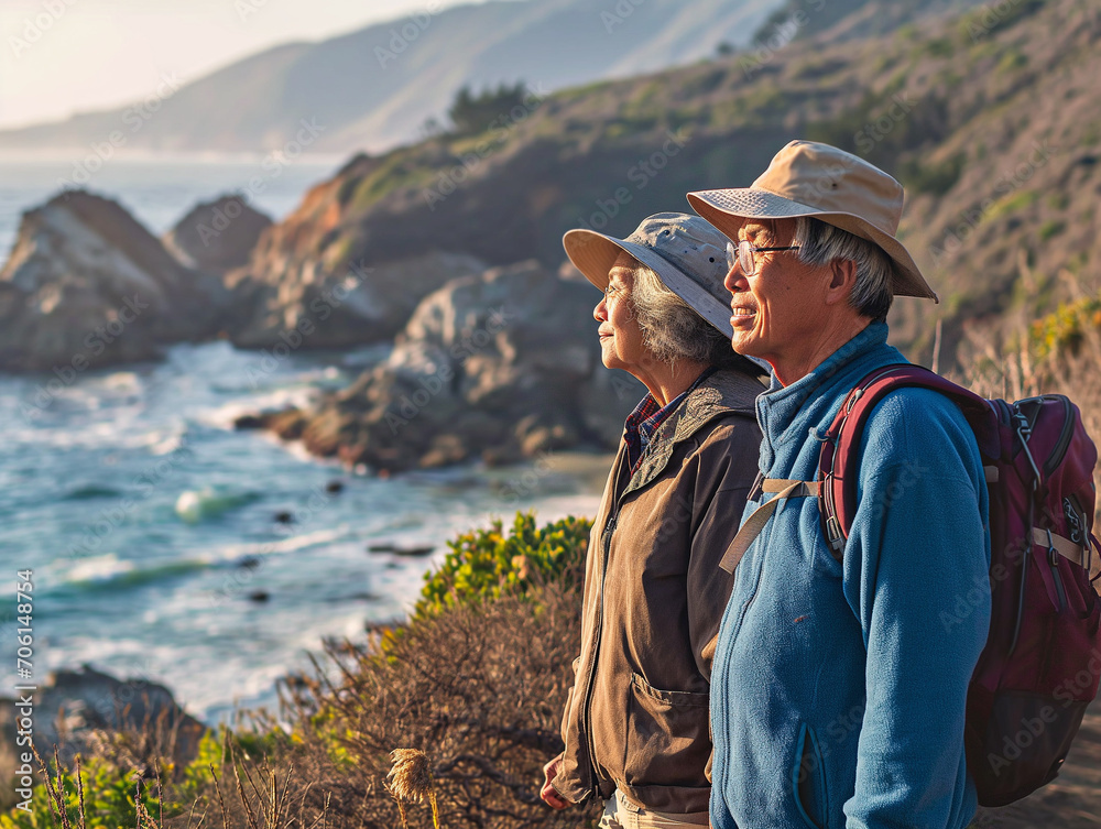 Senior couple asian admiring the scenic Pacific coast while hiking