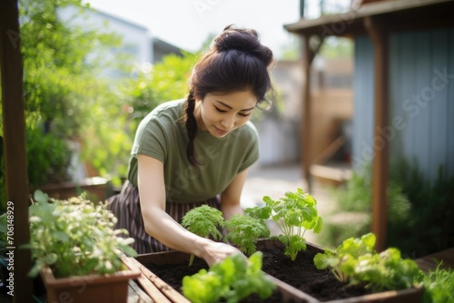 Smiling woman tenderly planting herbs in her sunlit garden, the joy of urban gardening.