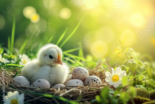 Spring chickens are hatching eggs in the nest,outside world is in a beautiful spring. Happy Easter photo