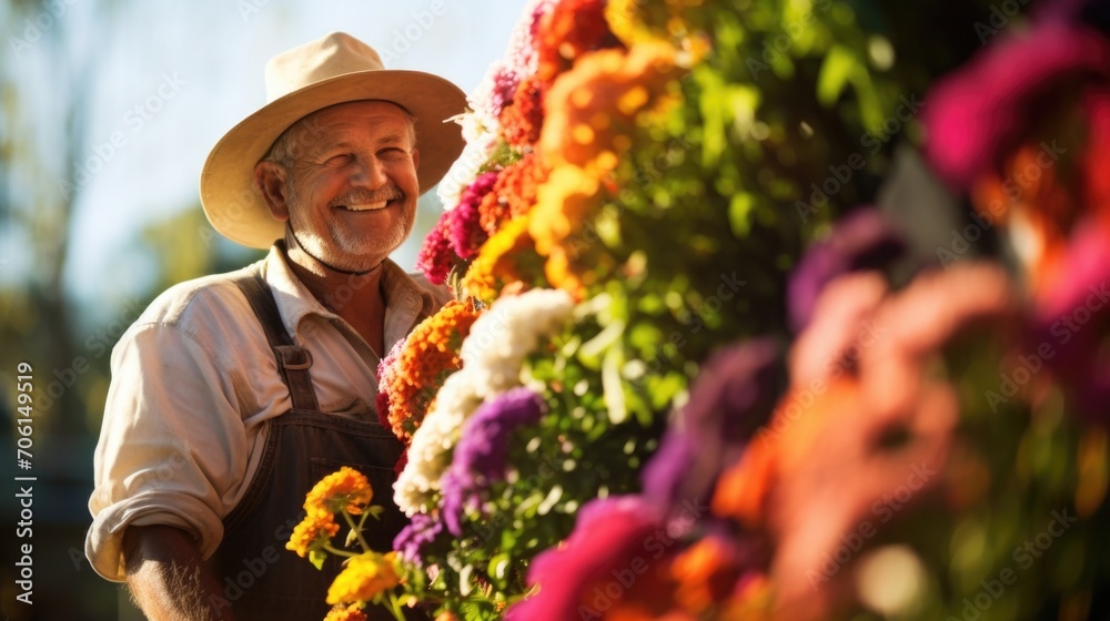 A farmer proudly stands beside a vertical garden, bursting with colorful flowers and vegetables, illustrating how soilless culture can bring agricultural success to arid regions by conserving