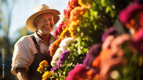A farmer proudly stands beside a vertical garden, bursting with colorful flowers and vegetables, illustrating how soilless culture can bring agricultural success to arid regions by conserving photo