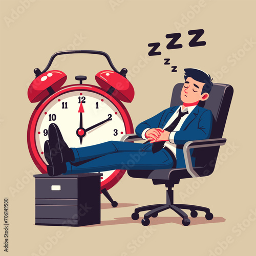 Afternoon slump, laziness and procrastination postpone work to do later, boredom and sleepy work concept, businessman sleeping lay down on office chair and alarm clock covered