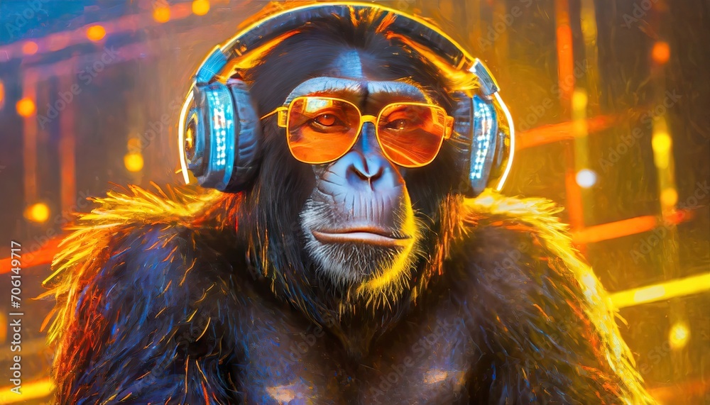 Portrait of a gorilla with headphones and sun glasses.