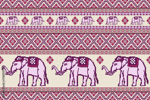 Traditional Ethnic Thai Elephant Pixel Art Pattern on Beige Background.  Vector design for fabric, carpet, clothing, embroidery, tile, wallpaper, and background
