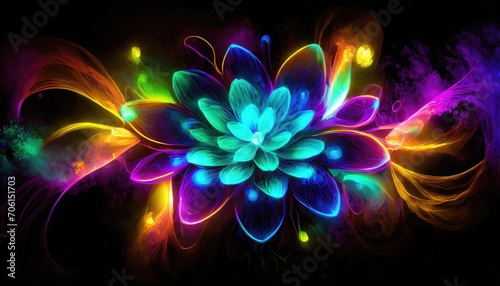 Abstract neon light fractal flower at black background.