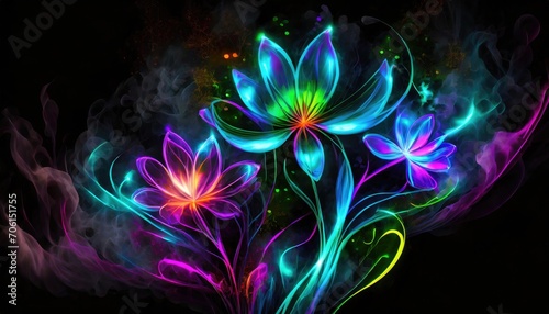 Abstract neon light fractal flower at black background.