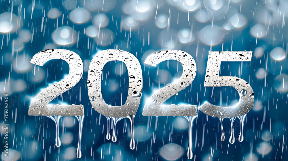 Happy New Year, Happy 2025, New year concept, "2025" written on a simple Rain Drops Sky