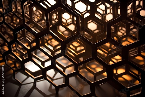 Hexagons forming an intricate lattice, with each element casting a unique shadow, producing a captivating play of light.
