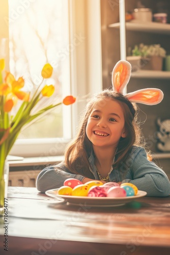 A girl with rabbit ears at Easter at a table with colored eggs