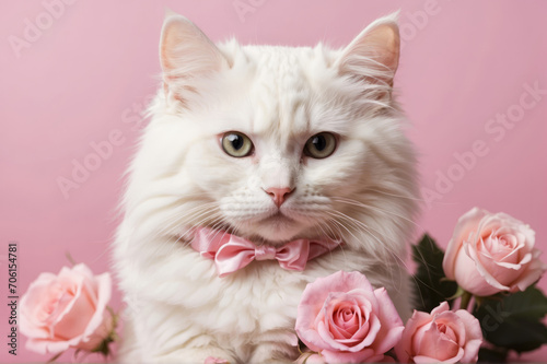 beautiful white kitten cat with pink rose and pink background