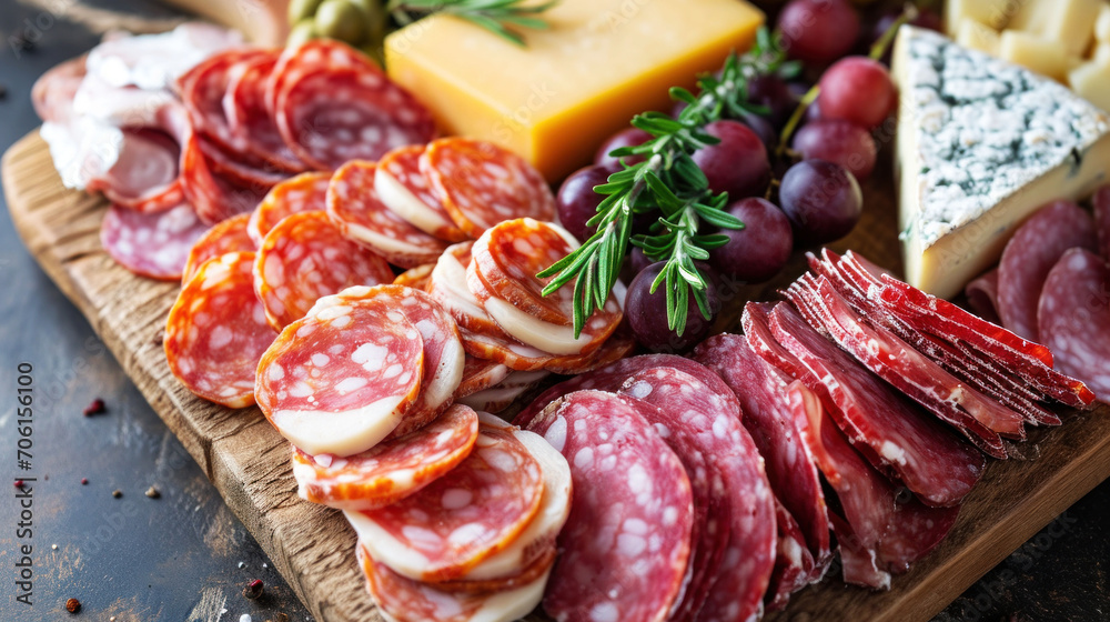 An artisan charcuterie board featuring a variety of premium salamis, cheeses, and grapes, arranged for a luxurious grazing experience at a refined social function. An artisan charcuterie board featuring a variety of premium salamis, cheeses, and grapes, arranged for a luxurious grazing experience at a refined social function.