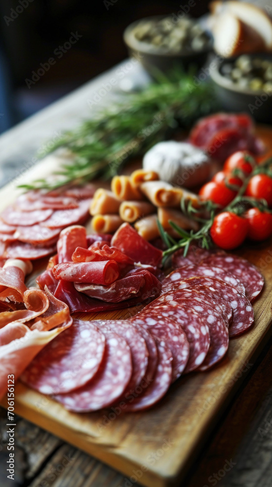A rustic wooden board presents a curated selection of sliced meats, cherry tomatoes, and olives, accompanied by fresh herbs for an inviting gourmet feast.