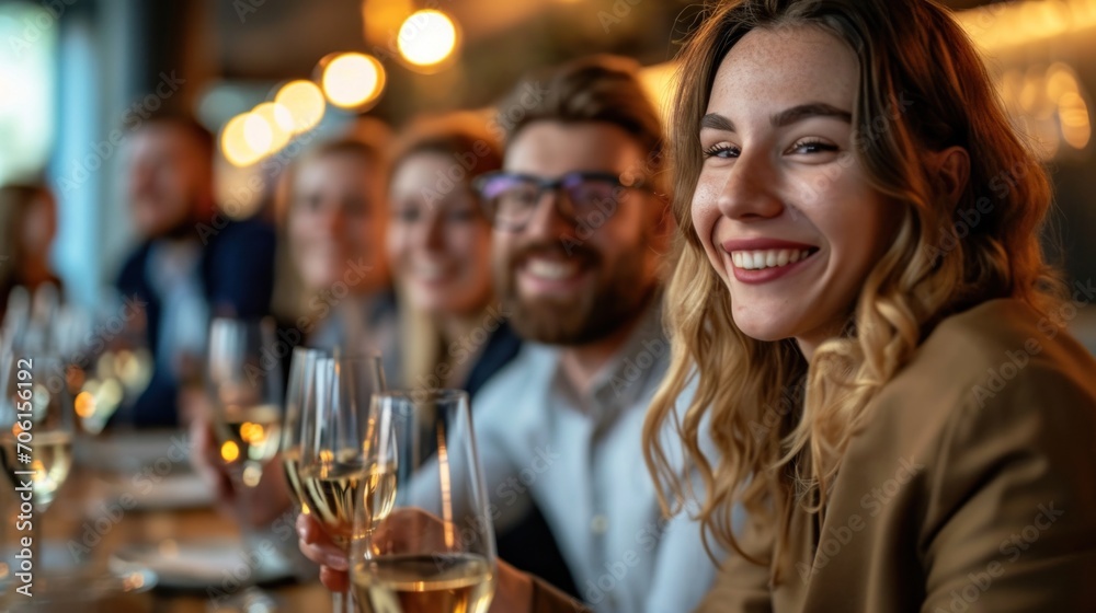 Team members at a corporate event, laughing and toasting with glasses of rosé, revel in the successful conclusion of a collaborative project.