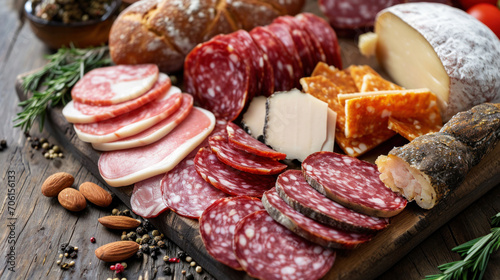 Artisanal charcuterie board featuring an assortment of fine meats and cheeses, complete with nuts and bread, perfect for any sophisticated social event.