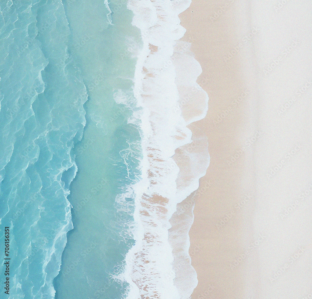 Turquoise water wave with sand beach from above, empty summer vacation background. Banner with space for text. Travel, holiday concept. Beautiful backdrop