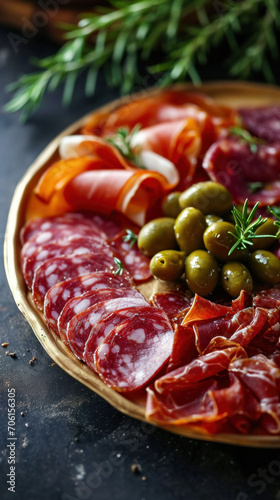 A beautifully composed charcuterie board with an array of fine meats and olives, accompanied by fresh herbs, ready to be enjoyed at any festive gathering or elegant event.