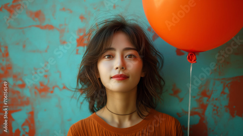 Young East Asian Woman with a Festive Balloon Against a Turquoise Background