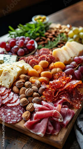 A rustic charcuterie board filled with an array of sliced meats, nuts, and cheeses, complemented by bunches of fresh grapes. Ideal for social events, this assortment is both visually appealing and del