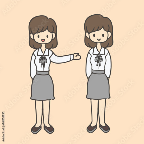 A cute vector illustration of two female employees in different poses.