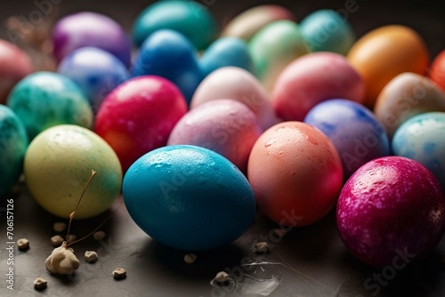 A vibrant Easter background adorned with lovely colored eggs. Generative AI