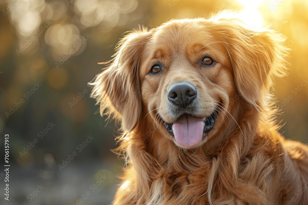 Obraz premium Cute golden retriever on blurred natural background. Portrait of smiling dog.