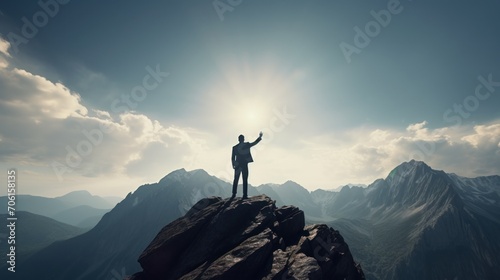 Silhouette business man at peak of mountains. Success Business Leadership  Winner on top. Successfully achieving your goal.