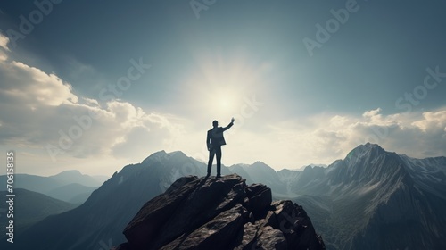 Silhouette business man at peak of mountains. Success Business Leadership, Winner on top. Successfully achieving your goal.