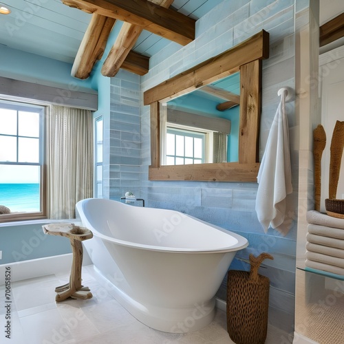 A coastal-themed bathroom with seashell decor  light blue accents  a freestanding bathtub  and a driftwood-framed mirror3