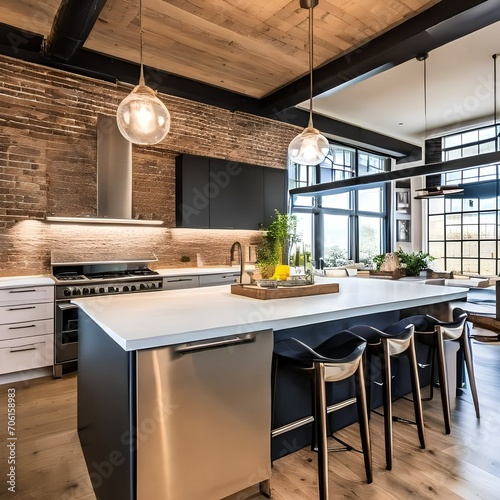 An industrial-style kitchen with exposed brick walls  stainless steel appliances  and a large central island with bar stools3