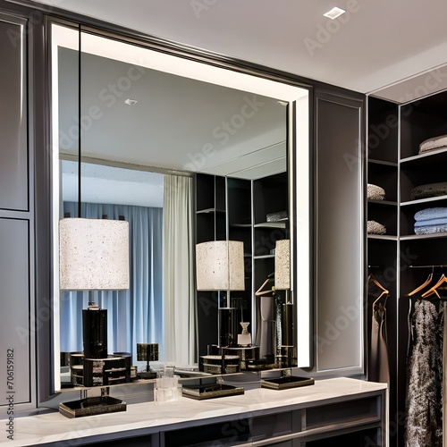 A chic dressing room with floor-to-ceiling mirrors, a vanity table, and custom-built closet organization4