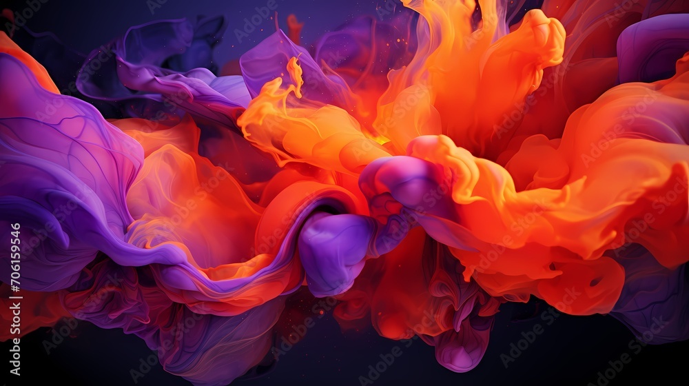 Intense bursts of fiery orange and deep purple liquids colliding and splashing, forming a visually stunning display of fluid artistry in HD clarity.