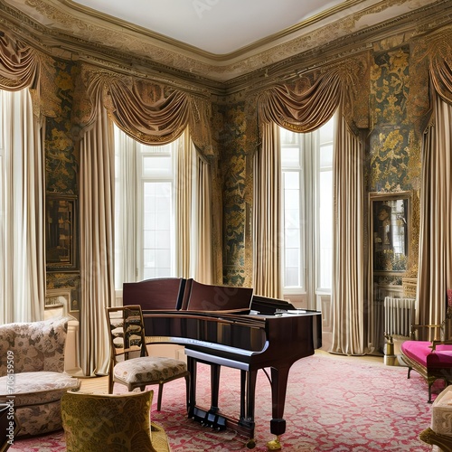 A Victorian-style parlor with ornate furniture, heavy drapes, floral wallpaper, and a grand piano4