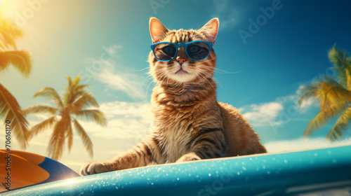 cat on surfboard in sunglasses summer holiday 