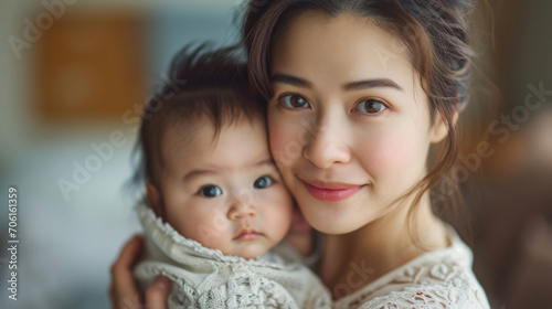 Tender Moment Between Asian Mother and Baby in Soft Knitwear