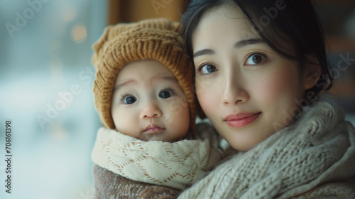 Cozy Winter Embrace: Asian Mother and Baby in Warm Knitwear
