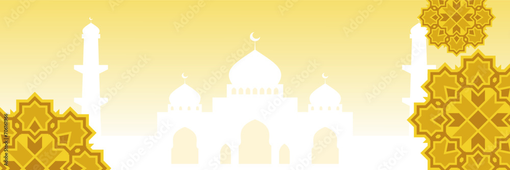 Islamic gold background, with beautiful mandala ornament and mosque silhouette. vector template for banner, greeting card for Islamic holidays, eid al-fitr, ramadan, eid al-adha