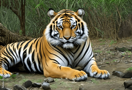 Tiger in the wild. Tiger in the wild. A large tiger lying on top of a dirt field  a detailed painting.
