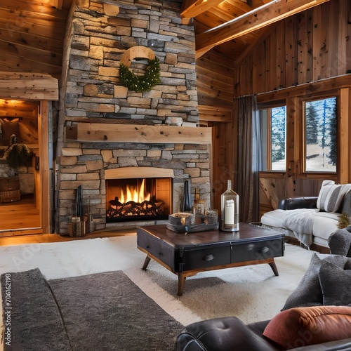 A cozy winter cabin-style living room with a stone fireplace and vintage ski decor2